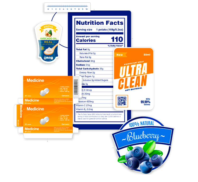 Grupo de etiquetas, Packaging medicamento, información nutricional, etiqueta frontal de alimento procesado, etiqueta frontal producto limpieza, etiqueta frontal alimentos natural