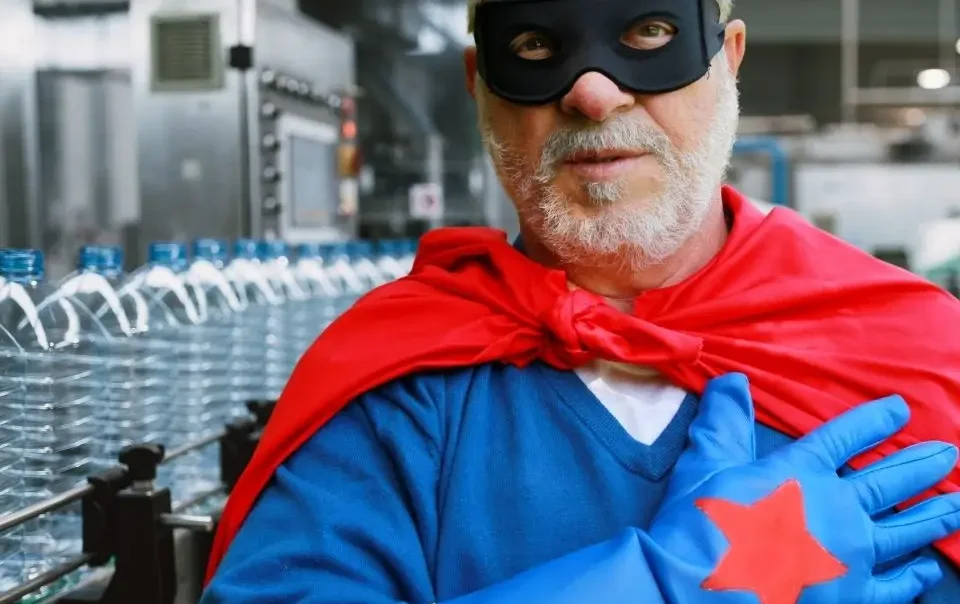 Hombre mayor canoso vestido de super heroe con antifaz negro, capa roja, sweater azul y guantes azules con una estrella roja pintada, junto a una linea de embotellamiento de agua